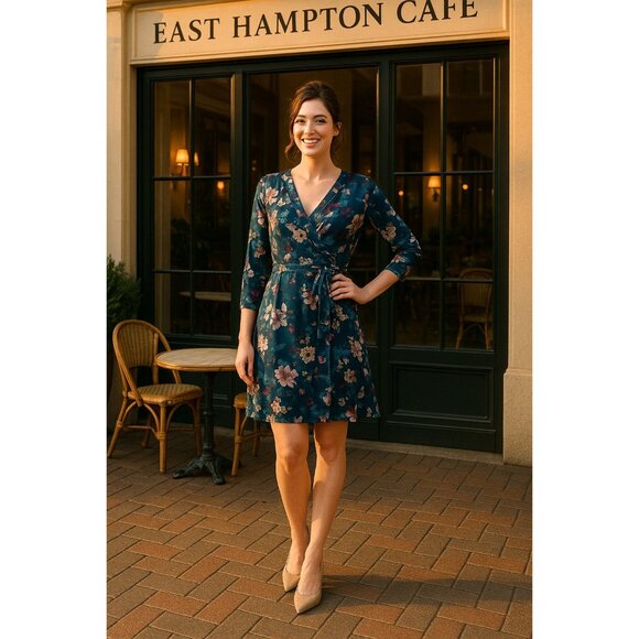 Thalia Sodi Small Teal Floral Wrap Dress Long Sleeve Fall Party Cafecore Look - Picture 6 of 12